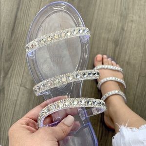 Clear Rhinestone 3-Strap Jelly Slides